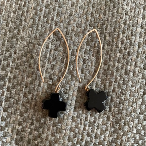 Gold Drop Cross Earrings - Picture 2 of 2